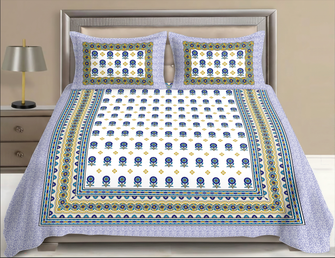 Blue Blossom Border Petals Cotton Bedsheet- Petals