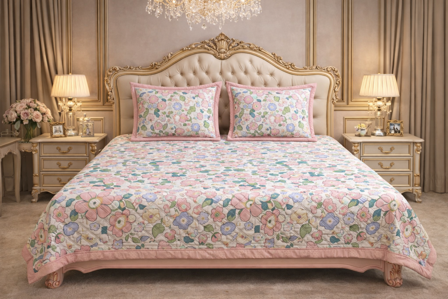 Floral Elegance Premium Luxury 450 GSM Quilted King Size Bedcover Bedspread Set