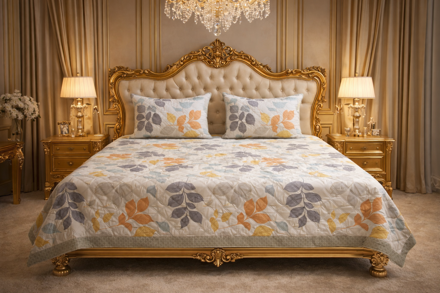 Autumn Leaf Luxe 450 GSM Quilted King Size Bedcover Bedspread Set