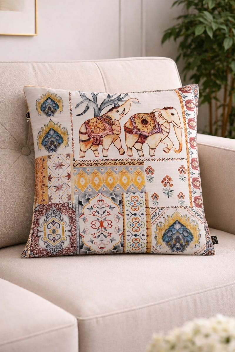 Ethnic Elephant Print Cushion Cover– 16 × 16 Inches