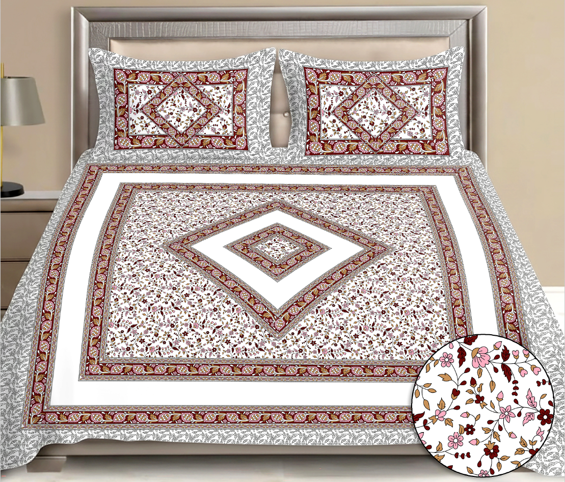 Royal Crimson Floral Indian Art Cotton Bedsheet Set