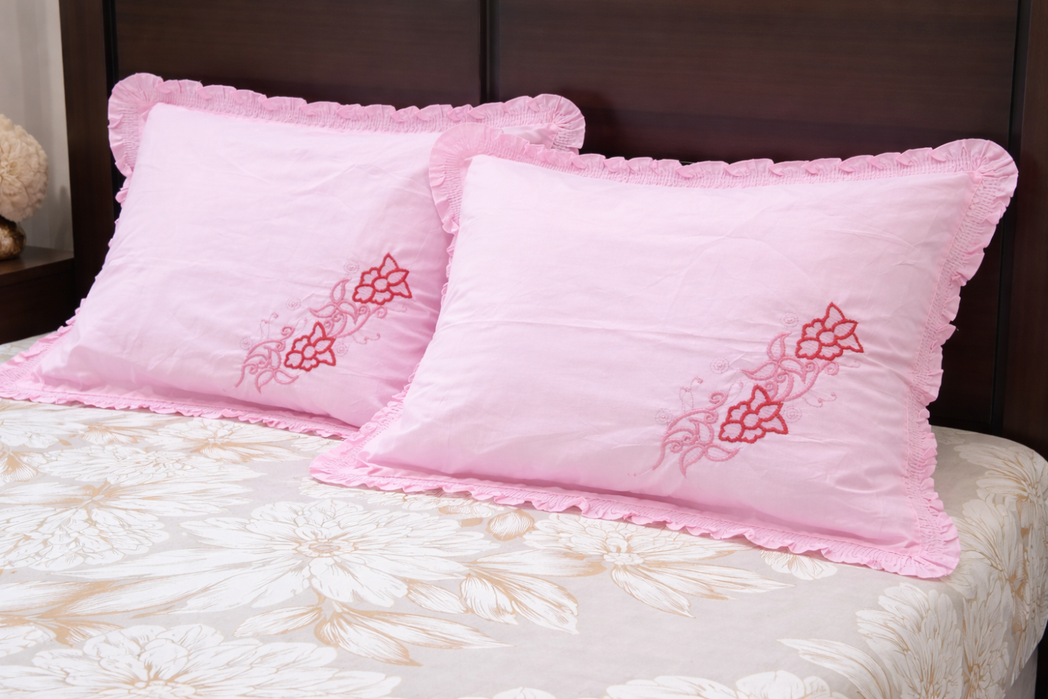 Premium Embroidered Cotton Pillow Cover-Light Pink(set of 2)