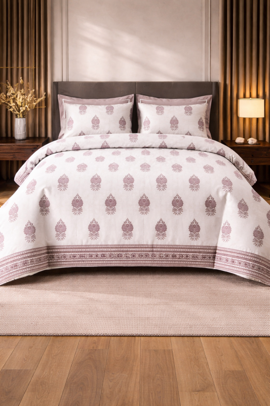 Premium 300 TC Cotton Traditional Border Print King Size Bedsheet Set