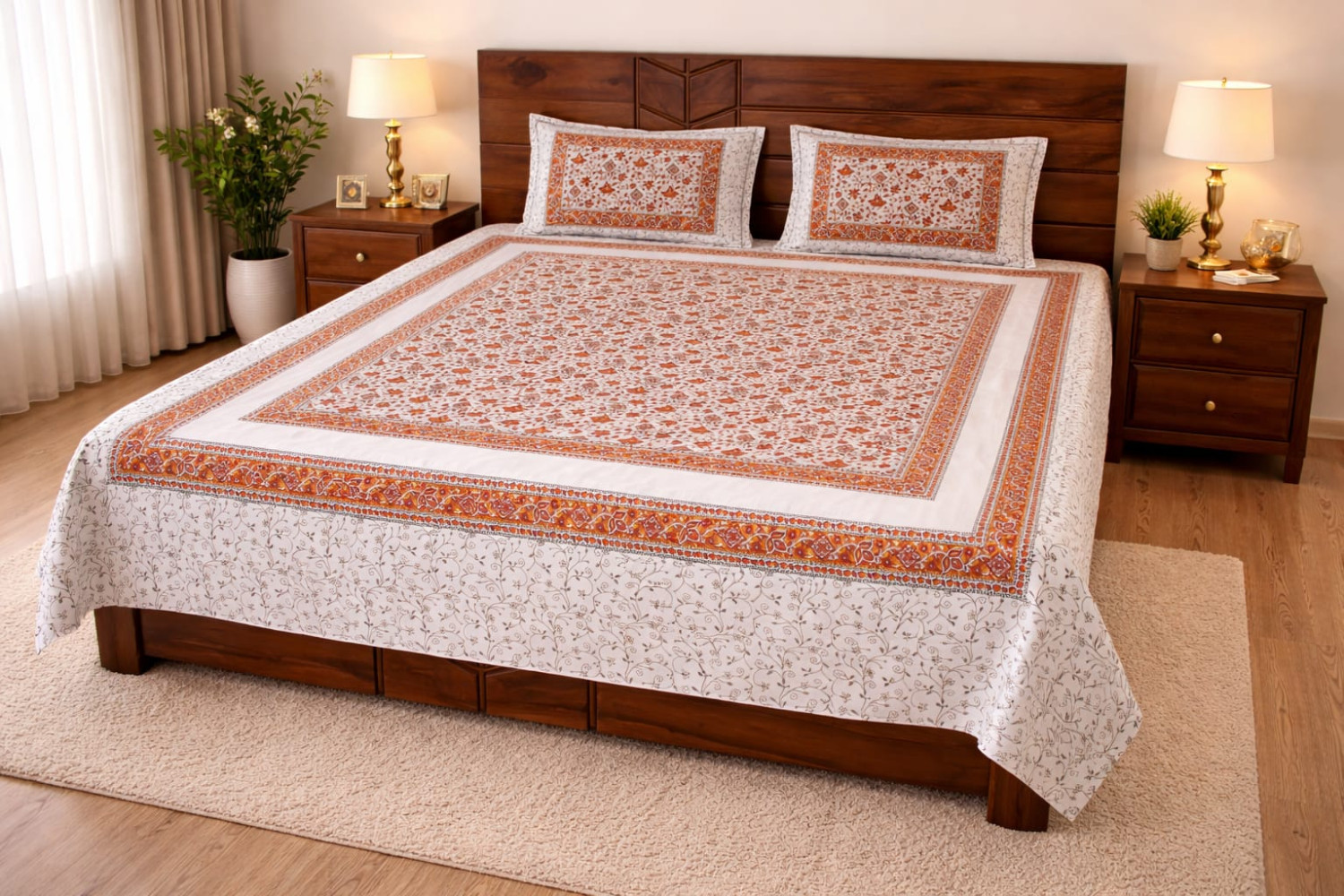 Premium Indian Art Cotton Double Bedsheet Set – Ivory & Rust Traditional Print