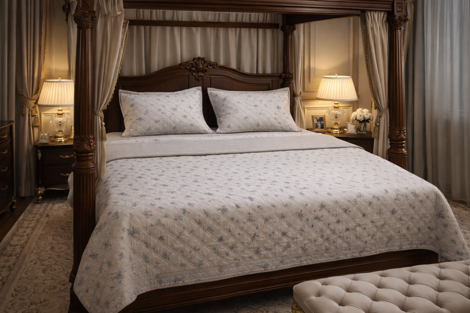 Ivory Grey Botanical 450 GSM Quilted King Size Bedcover Bedspread Set