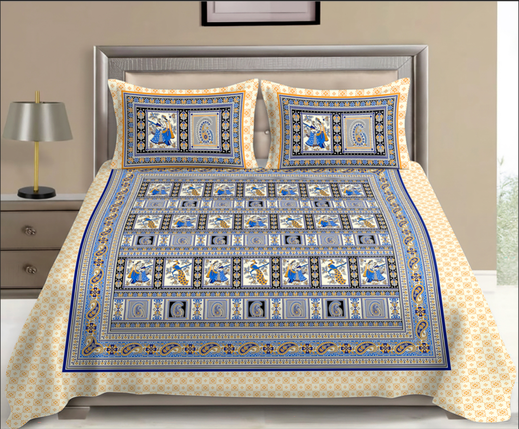 Premium Cotton Printed Bedsheet Set – Blue & Ivory Traditional Motif